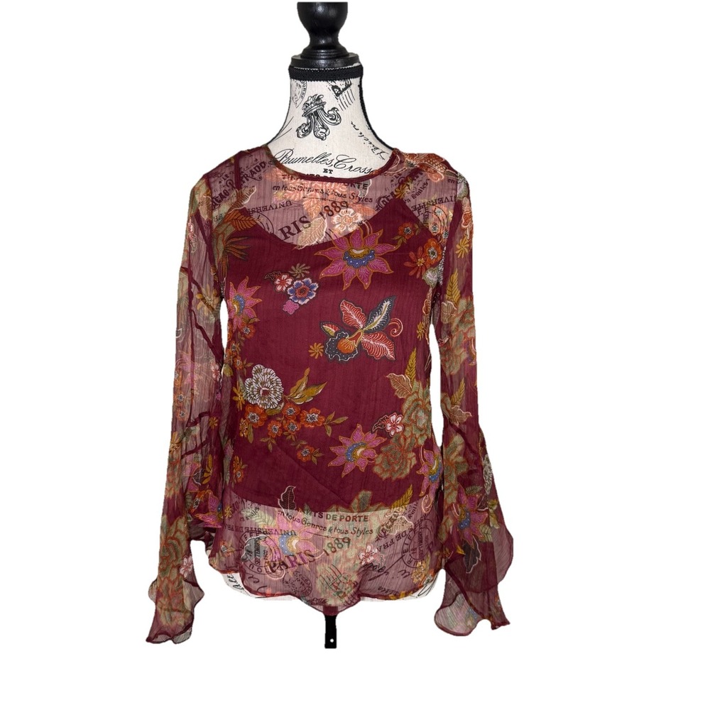 Vince Camuto Womens Blouse Size‎ XXS Red Wine Floral Ruffle Flutter Sleeve